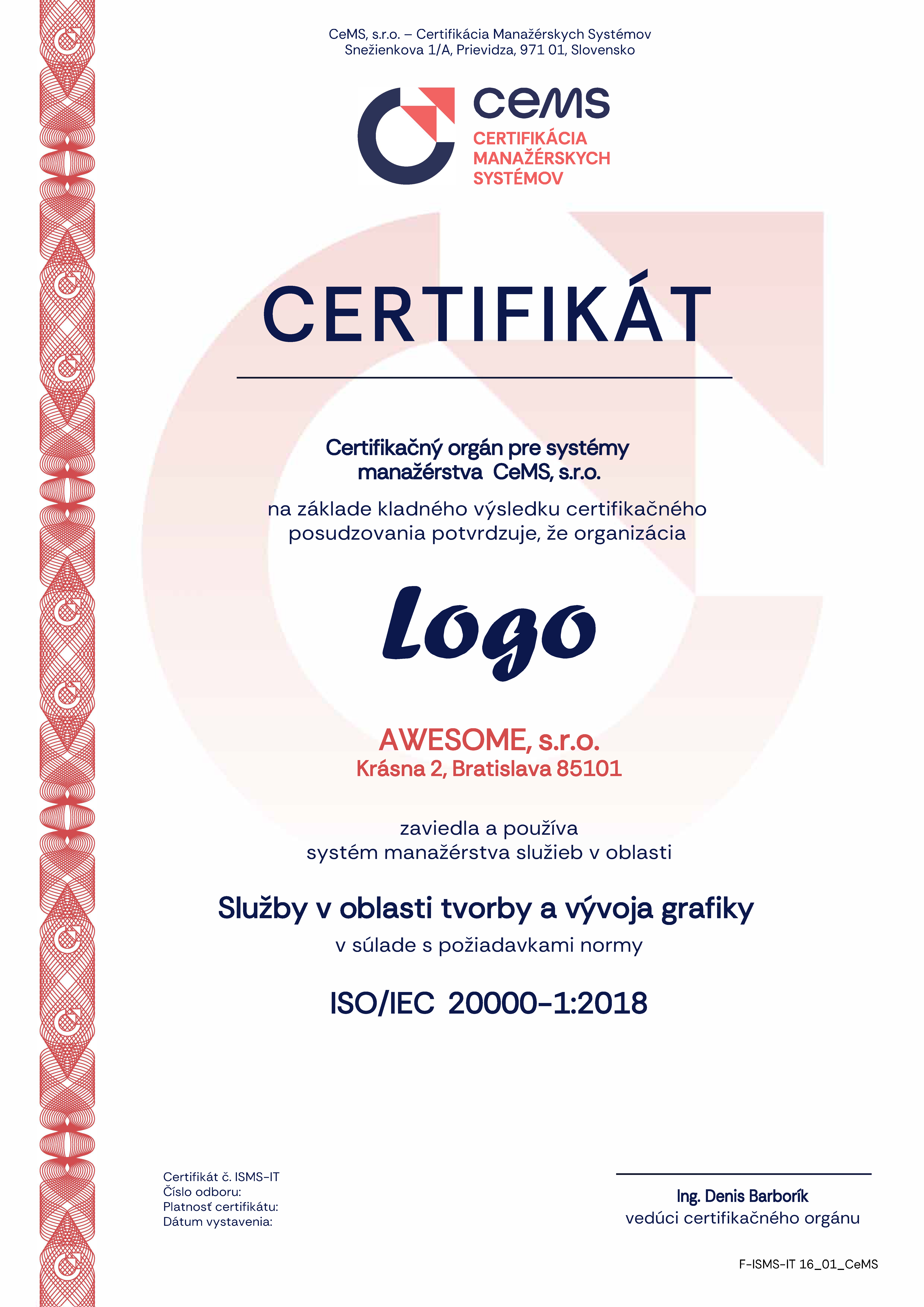 vzor certifikátu ISO 20000-1 od CeMS